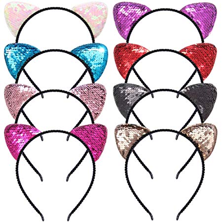 Beinou Reversible Sequin Cat Ears Headband Shiny Cat Ear Hair Hoops Cute Bling Kitty Hairband Hair Accessories for Women Girls Daily Wearing and Party Decoration, 8 pcs