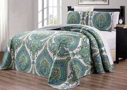 3-Piece Oversize (115" X 95") Fine Printed Prewashed Quilt Set Reversible Bedspread Coverlet King Size Bed Cover (Turquoise Blue, Grey, White, Sage Green)