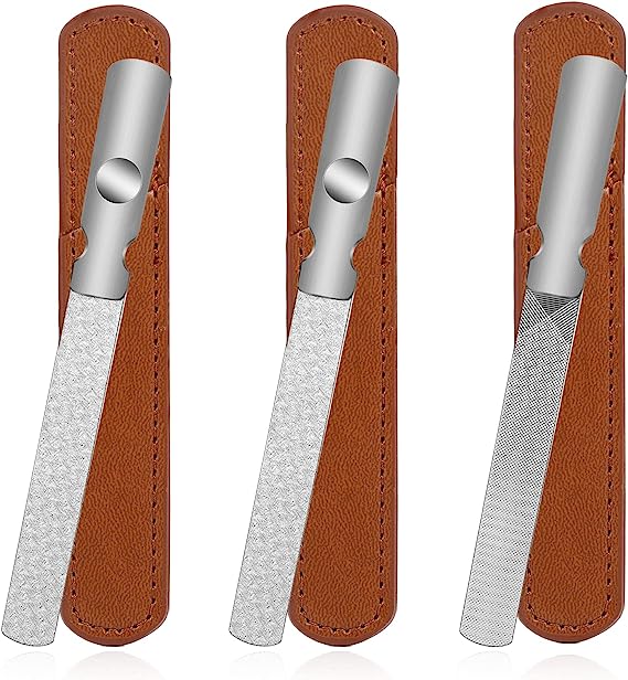 Stainless Stell Nail File,3 Pieces Professional Double Sided Metal Nail File with Leather Case Heavy Duty Nail File Reusable Manicure Filer Nail Files for Natural Nails with Anti-Slip Handle Metal fi