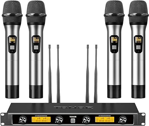 Wireless Microphones System with 4x10 Channels Metal Cordless Handheld Microfonos, TONOR 4 Antennas for 295FT UHF Range, Mics with Stable Signal Transmission for Singing Party Church Karaoke, Silver