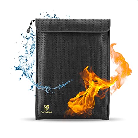 DocuArmor Fireproof Waterproof Document Bag - Safe Fire Money Bag - Perfect for Safe, Money Box, Travel, and Document Holder - 11" x 15" - Fire Rated 2192°F - Zipper & Velcro Sealed