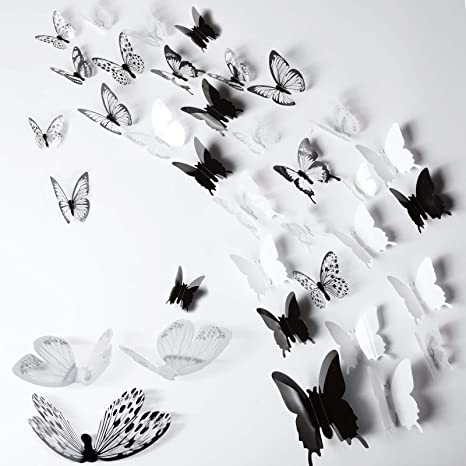 60 Pieces 3D Crystal Butterfly Wall Stickers Removable Butterfly Mural Wall Decor Decals for Home and Room Decoration (Black and White)