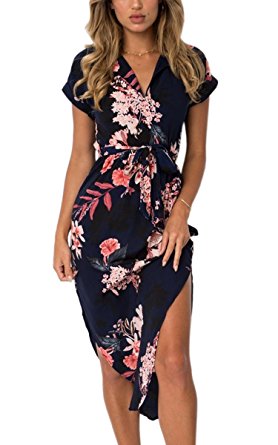 ECOWISH Womens Dresses Summer Casual V-Neck Floral Print Geometric Pattern Belted Dress