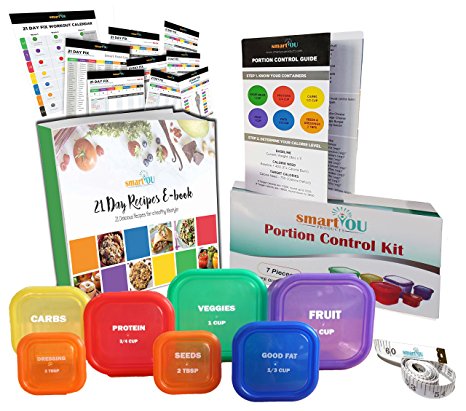 smartYOU PREMIUM LABELED 7 Piece Portion Control Containers Kit (COMPLETE GUIDE   FREE 21 DAY PDF PLANNER   RECIPE E-BOOK   BODY TAPE MEASURE included) - Leak proof, Perfect Size, Color-coded