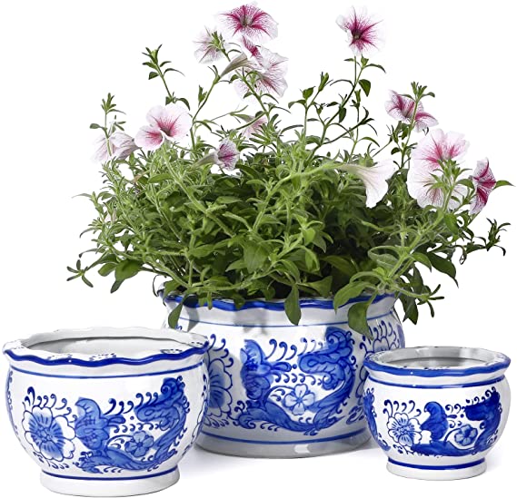 Ceramic Planter - POTEY 7.5 5.5 4.1 Inch Blue and White Planter Ceramic Flower Pots Decorative with Drainage Hole - 817, Set of 3