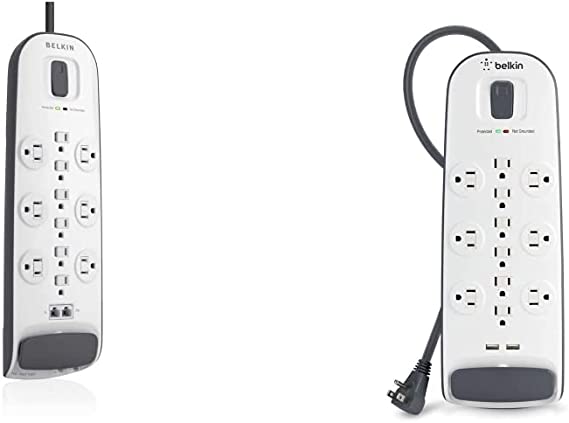 Belkin Power Strip Surge Protector, White & USB Power Strip Surge Protector - 12 AC Multiple Outlets & 2 USB Ports - 6 ft Long Flat Plug Extension Cord - White (3,996 Joules)