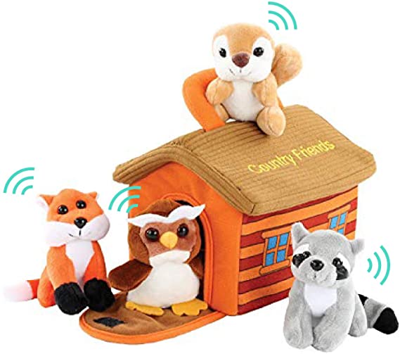 Plush Woodland Animals with Country House Carrier for Kids- 5pc- Talking Animal Interactive Toy Set- Stuffed Owl, Raccoon, Fox & Squirrel- Great Baby Shower Present for Boys & Girls by Etna