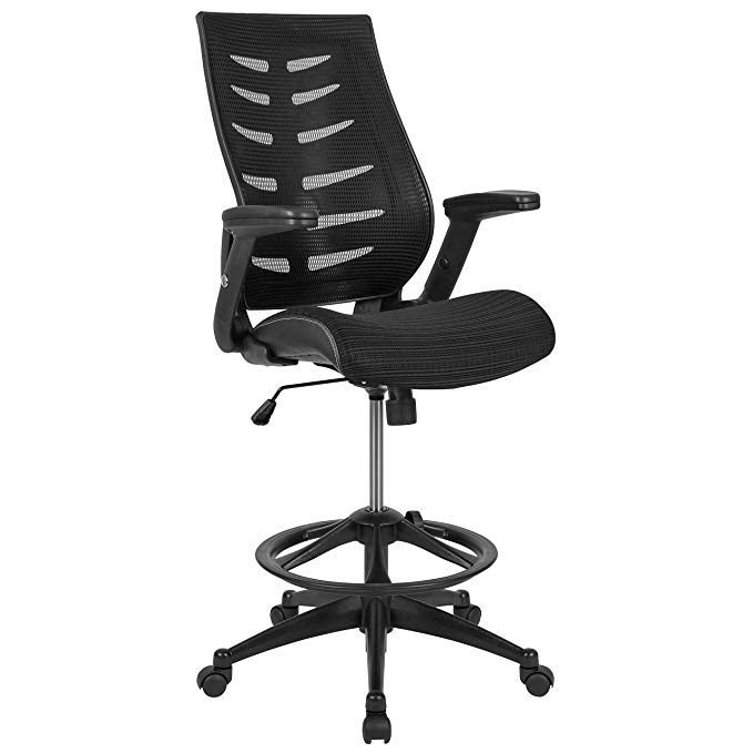 Flash Furniture High Back Black Mesh Spine-Back Ergonomic Drafting Chair with Adjustable Foot Ring and Adjustable Flip-Up Arms, BL-ZP-809D-BK-GG