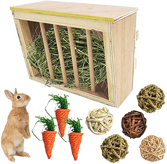 kathson Rabbits Hay Rack, Wooden Rabbit Feeder Small Animals Grass Holder Less Wasted Food Hay Manger for Small Pets Bunny Guinea Pigs Chinchilla