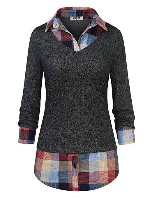 DJT Women's Classic Collar Curved Hem 2 in 1 Knit Pullover Plaid Contrast T-Shirt Top