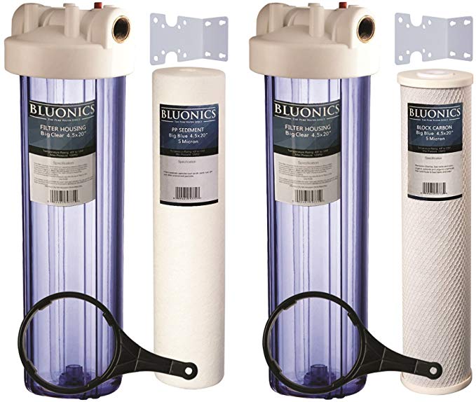 Two 20" Big Blue Whole House Water Filters w/Sediment & Carbon with CLEAR BLUE TRANSPARENT HOUSINGS