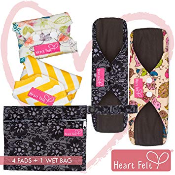 Variety Sanitary Reusable Cloth Menstrual Pads by Heart Felt | Cloth - 4 Pack Washable Sanitary Napkins with Charcoal Absobancy Layer - Overnight Panty Liners for Comfort and Support - with Wet Bag