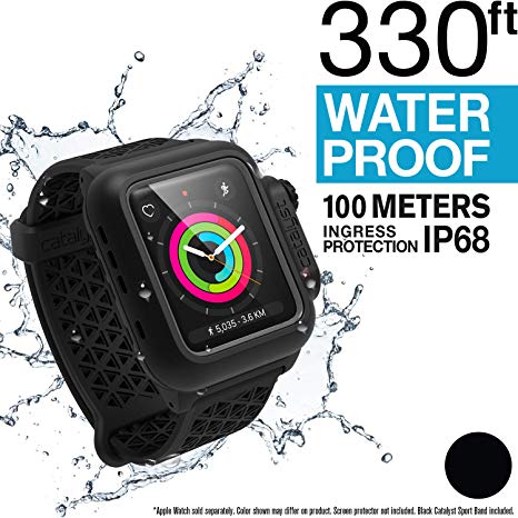 Catalyst Waterproof Case for Apple Watch 42mm Series 2 & 3 with Premium Soft Silicone Apple Watch Band, Shock Proof Impact Resistant [Rugged iWatch Protective case], Black Sport Band