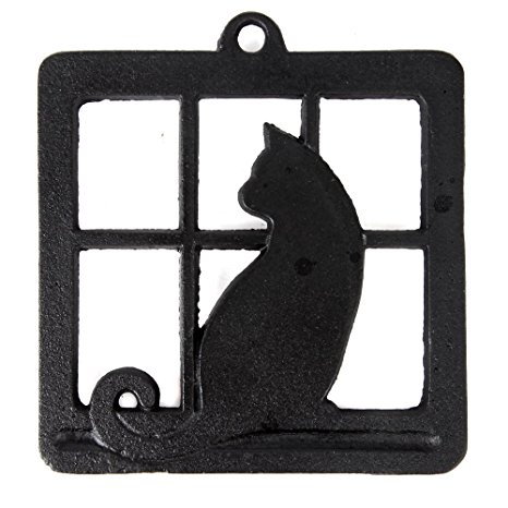 Home-X Cast Iron Trivet, Square Trivet with Single Cat in Window