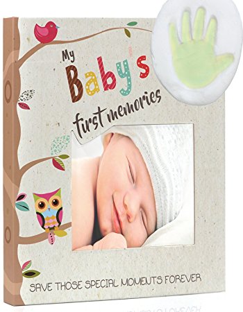 Keepsake Set: Baby Memory Book, Clay Footprint, 9" Picture Frame Box, 10 DIY Hanging Frames. Fully Illustrated Milestones Journal Keepsake. Ideal Gift for Baby Shower