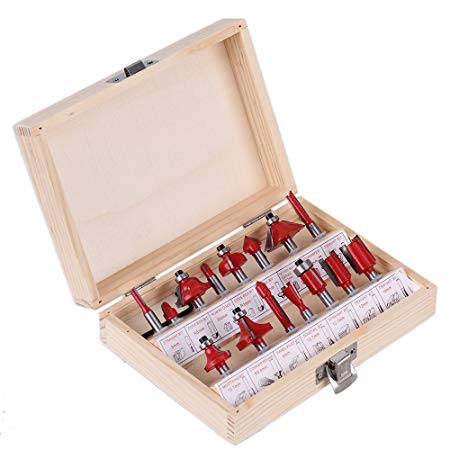 Agile-Shop 15pcs Professional 1/4" Shank Tungsten Carbide Router Bit Set Milling Cutter Tool Kit with Wooden Case