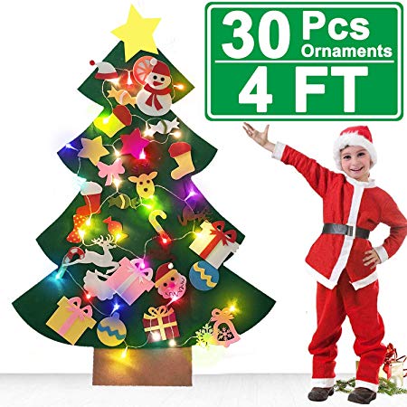 【Built In LED String Lights】DIY Felt Christmas Tree for Toddlers,4 FT Felt Christmas Tree with 35 Pcs Detachable Ornaments Xmas Gifts for Kids New Year Handmade Door Wall Hanging Decorations