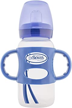 Dr. Brown's Wide-Neck Sippy Spout Baby Bottle with Silicone Handle, 8 Ounce, Blue