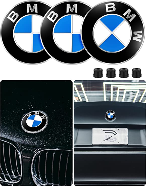 3pcs Emblems,82mm Hood Emblem/74mm Trunk Emblem, 45mm Steering Wheel Emblem Replacement for All Models BMW E30 E36 E46 E34 E39 E60 E65 E38 X3 X5 X6 3 4 5 6 7 8 (Front/Trunk Emblem)