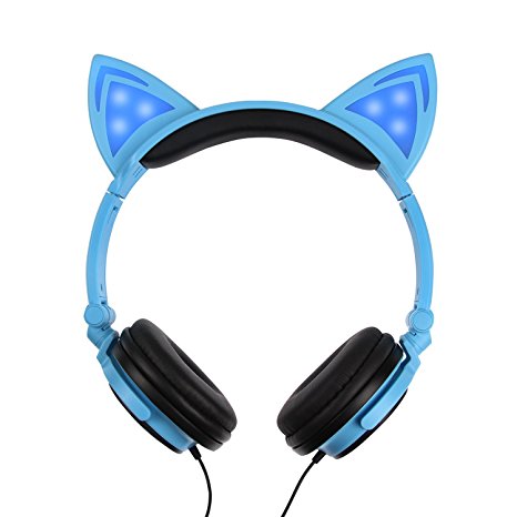 Cat Ear Headphones,FATMOON Kids Headphones Flashing Glowing Cosplay Fancy Foldable Over-Ear Gaming Headsets with LED Light for Girls,Children,Compatible for iPhone 7/ 6s / iPad, Android Phone (Blue)