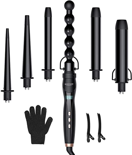 BESTOPE Curling Iron 6 In 1 Curling Wand Set with 6 Interchangeable Ceramic Hair Curler Wands with Temperature Control & LCD for All Hair Types,Included Glove and 2 Clips, 0.35 to 1.25inch