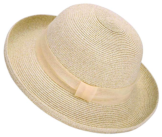 Lullaby Womens Foldable UPF 50  Structured Curved Wide Brim Bucket Straw Sun Hat