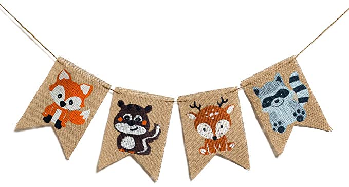 Animals Burlap Banner Woodland Baby Shower Decoration ,Fox Squirrel Deer Raccoon Kids Birthday Party Decoration
