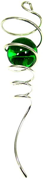 WorldaWhirl Wind Spinner Stabilizer Gazing Ball Spiral Tail Cyclone Yard Twister (Silver Wire, Green Glass Orb)