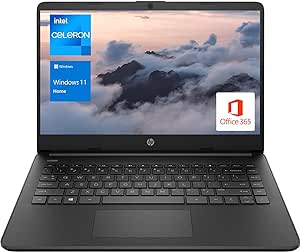 HP Portable Laptop, Student and Business, 14" HD Display, Intel Quad-Core N4120, 16GB DDR4 RAM, 64GB eMMC, 1 Year Office 365, Webcam, SD Card Reader, HDMI, Wi-Fi, Windows 11 Home, Black, KKE Mousepad