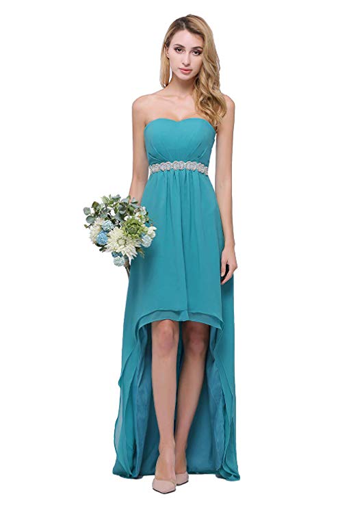 Honey Qiao Turquoise Chiffon Bridesmaid Dresses Long Hilo Crystals Sash Formal Gowns