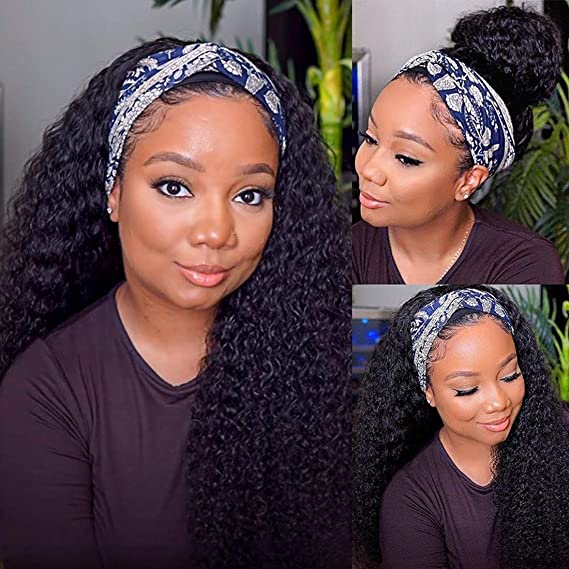 Persephone Glueless Headband Wig Curly Human Hair Wigs for Black Women Deep Wave None Lace Front Wigs Natural Color Machine Made Wigs 150% Density 20 Inch