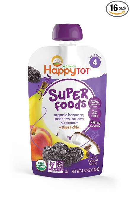 Happy Tot Organic Super Foods, Bananas, Peaches, Prunes & Coconut   Super Chia, 4.22 Ounce (Pack of 16)