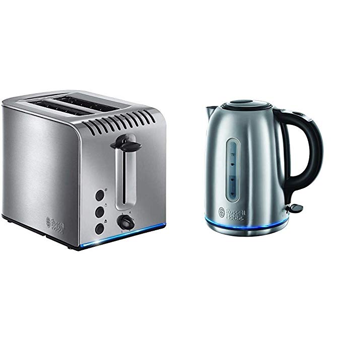 Russell Hobbs 20740 Buckingham 2-Slice Toaster, 20460 Brushed Stainless Steel with Buckingham Quiet Boil 1.7 L, 3000 W Kettle, Brushed Stainless Steel Silver