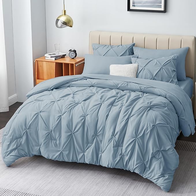 CozyLux Queen Comforter Set - 7 Pieces Comforters Queen Size Light Blue, Pintuck Bed in A Bag Pinch Pleat Bedding Sets with All Season Comforter, Flat Sheet, Fitted Sheet and Pillowcases & Sham