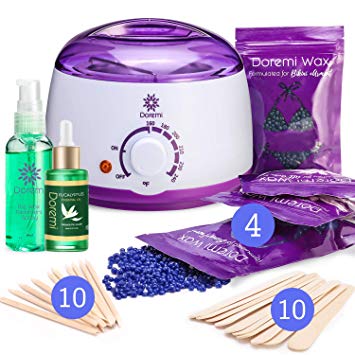 Doremi New Waxing Kit, Painless Hair Removal Home Kit,Multiple Formulas Target Different Type of Bikini, Facial, Armpit,Eyebrows, with Hot Wax Warmer, 4 Hard Wax Beans and 20 Wax Applicator Sticks