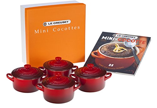 Le Creuset PG1164CB-0867 Stoneware Mini Cocottes And Cookbook (Set of 4), 8 oz, Cerise