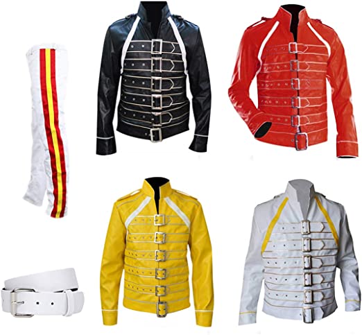 Mercury Costume Mens Pop Rock Star Concert Belted Costume 80s Rock Legend Costume Adults Lead Singer Yellow Jacket Outfit