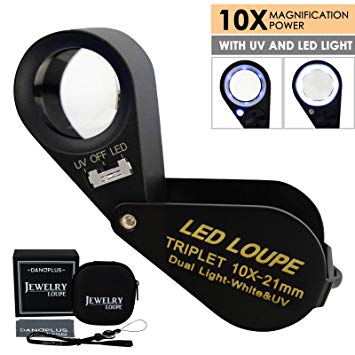 10x Magnifier Jewelry Loupe LED UV Light 21mm Achromatic Triplet Lens Optical Glass Pocket Gem Magnifying Tool Jeweller, Stamp Philatelist, Coin Numismatic