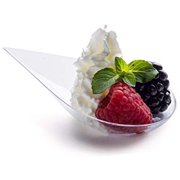 DLux 100 4-in Tear Drop Mini Appetizer Plates, Clear Plastic Spoons - Desserts and Appetizers Dishes Serving Plate - Disposable Asian Spoon Set, Small Catering Dessert Tasting Cups - with Recipe Ebook