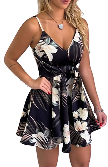 casuress Womens Dresses V Neck Mini Floral Spaghetti Strap Tie Knot Front Flowy Pleated Swing Dress