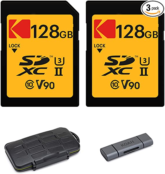 Kodak 128GB UHS-II U3 V90 Ultra Pro SDXC Memory Card (2-Pack) with Koah PRO Aluminum SD Reader and Koah PRO Rugged Memory Storage Case Bundle (4 Items)