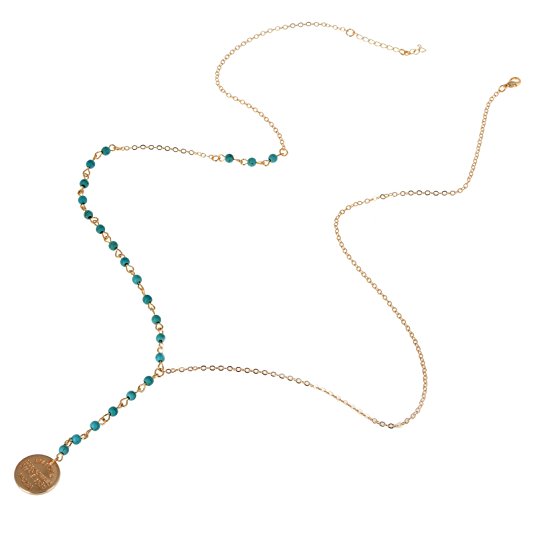 Imixlot Turquoise Blue Beads with Disc Coin Long Chain Necklace