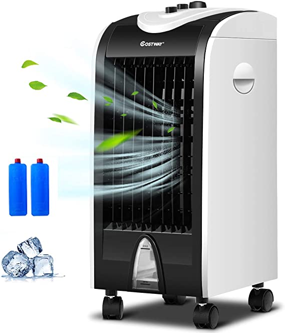 COSTWAY Portable Evaporative Cooler, Cooling Fan with 3 Modes, 3 Speeds and Timer Function, Air Humidifier with Water Tank and Swiveling Casters, Bladeless Air Cooler Machine for Home Office Dorms
