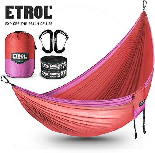 ETROL Hammock Camping Double Lightweight Parachute Portable Hammocks for Travel, Indoor, Outdoor Backpacking, Beach Includes Tree Straps and Aluminum Alloy Carabiners - USA Based Hammocks Brand Gear