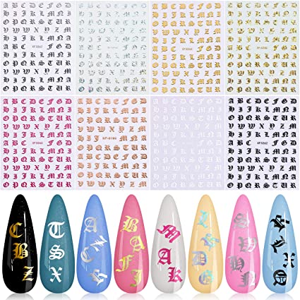 Holographic Letter Nail Art Sticker, KISSBUTY 8 Colors Letter Words Old English Alphabet Nail Decals Ultra Thin Gummed Character Nail Adhesive Sticker Holographic Nail Art Decor