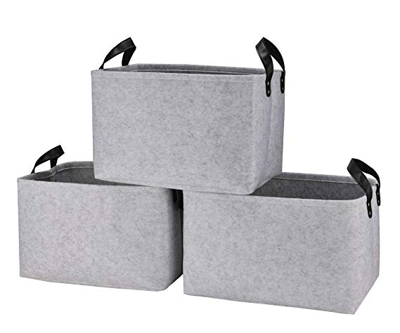 Collapsible Storage Basket Bins [3-Pack], Foldable Felt Fabric Storage Box Cubes Containers with Leather Handles- Large Organizer for Nursery Toys,Kids Room,Towels,Clothes, Grey （15.5" 11.4" 10"）