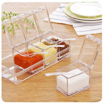 YIXIN 4-Piece Clear Seasoning Rack Spice Pots Storage Container Condiment Jars Cruet with Cover and Spoon Kitchen Utensils Supplies