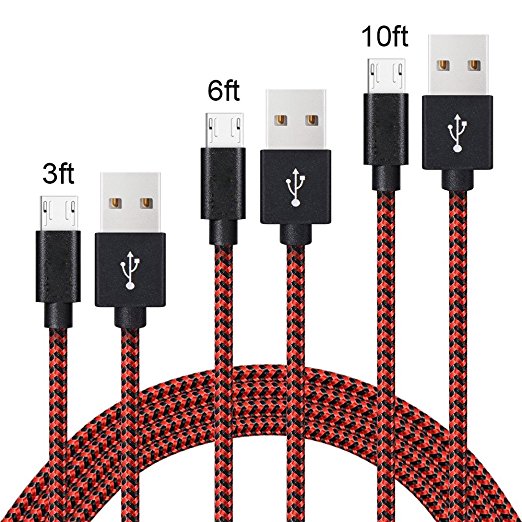 AOFU Micro USB Cable,3Pack 3FT 6FT 10FT Long Premium Nylon Braided High Speed USB to Micro USB Fast Charging Cord Android Charger for Samsung Galaxy S7/S6/S5/Edge,Note 5,HTC,LG(Black Red)