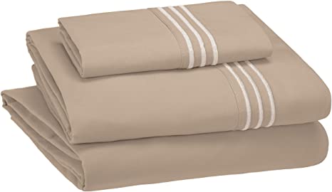 AmazonBasics Premium, Easy-Wash Embroidered Hotel Stitch 120 GSM Sheet Set - Twin, Taupe