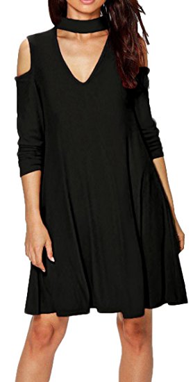 Hibluco Women's Casual V-neck Off Shoulder Dress Loose T-shirt Dresses